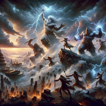 An epic mythological scene depicting a battle between gods and titans on a stormy mountaintop. Light